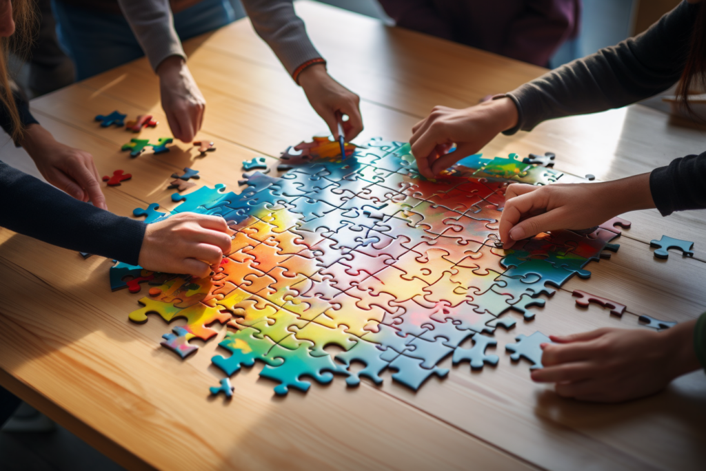 des gens résolvent un puzzle ensemble